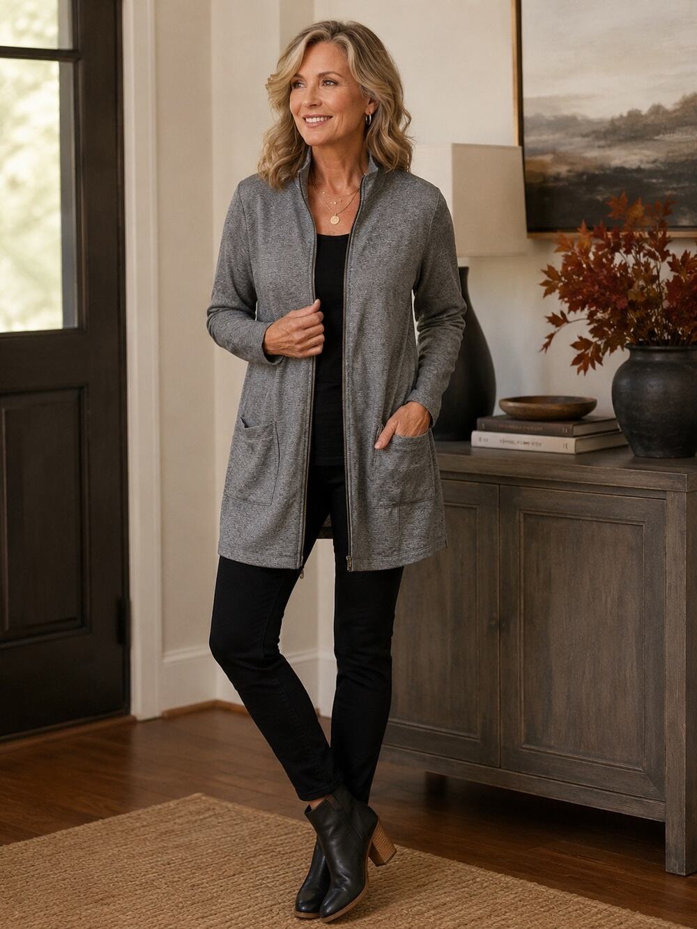 Eileen Fisher Size Large Full Zip Jacket Gray Hemp Organic Cotton Long Sleeves